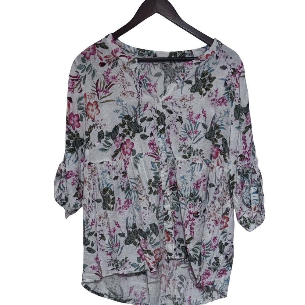 Saint Tropez West Floral Linen Blend Babydoll Top 1X Pink White Roll Tab Sleeve